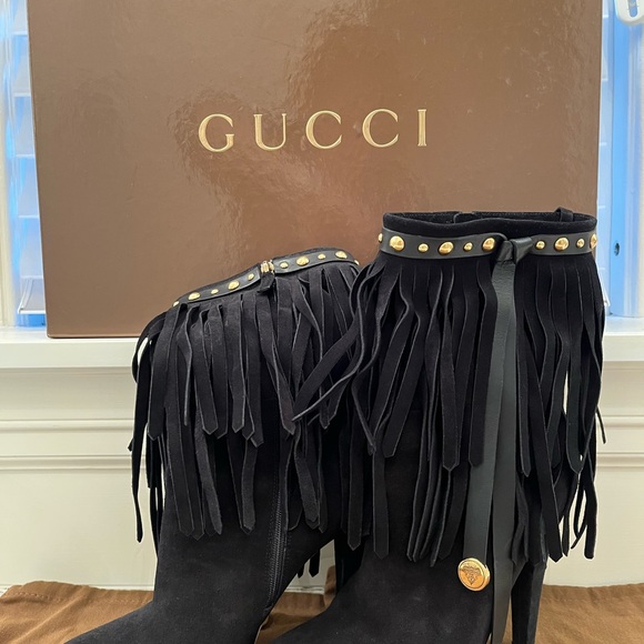 Black suede gucci fringe boots gold bling sz 40 MINT Fabulous for NYE Lifford - Picture 5 of 12